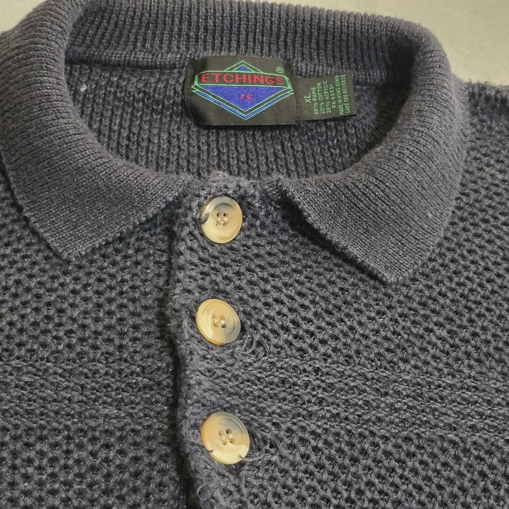 Etchings Sweater Mens XL Grey Polo Collar Textured Knit Ramie Cotton Long Sleeve